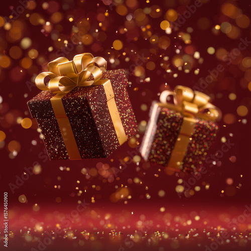 luxury gift boxes with golden ribbons floating in air on red backdrop, sparkles and bokeh, festive sale style