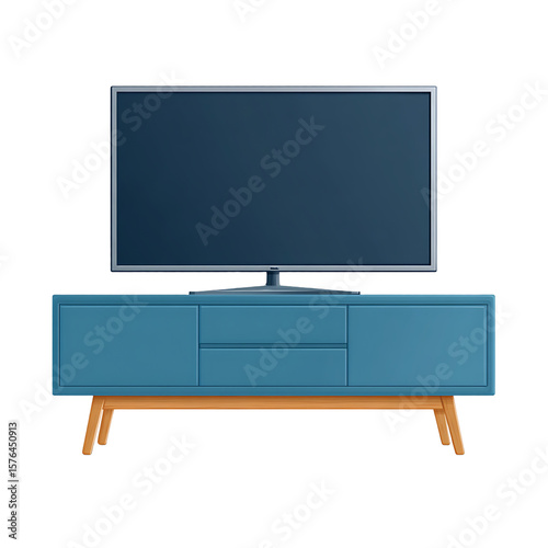 A modern television set on a blue cabinet.
