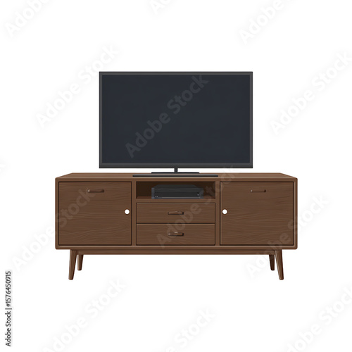 A sleek TV stand and a flat-screen TV in a modern home entertainment setup.
