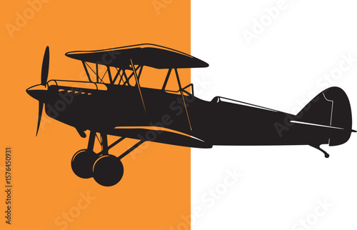 Silhouette of a classic biplane aircraft against orange and white background