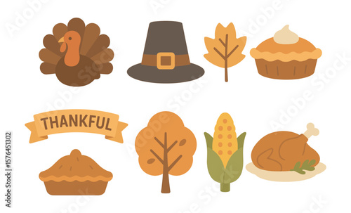 Thanksgiving icon set featuring turkey, pilgrim hat, pie, and autumn elements for festive designs