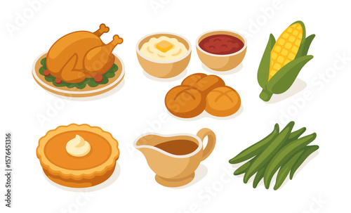 Thanksgiving dinner icon set featuring traditional dishes for festive design