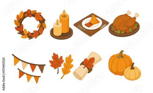 Thanksgiving themed decor collection featuring pumpkins, candles, and wreath for festive celebrations