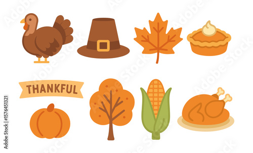 Thanksgiving icon set with turkey, pumpkin, leaves, and pie for festive design