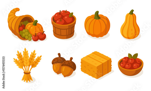 Thanksgiving harvest icons for seasonal decorations and graphic design