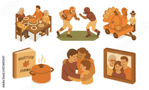 Thanksgiving isometric icons featuring family celebration and festive elements for design projects