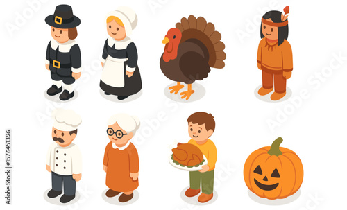 Thanksgiving characters set for celebration and design