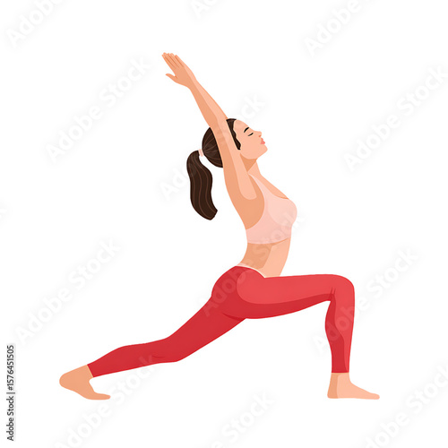 A woman is doing yoga in warrior pose with her arms raised.