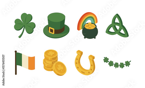 St. patrick's day icon set featuring shamrock, leprechaun hat, and rainbow coins for festive design