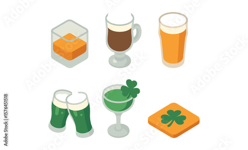 St. patrick's day beverage icons set for celebration designs