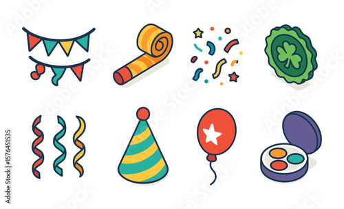 Festive party icons for celebration design - party hats, balloons, confetti, banners, and more