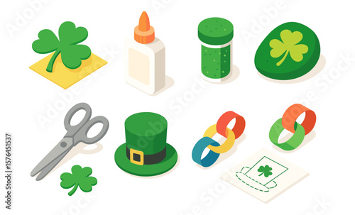 St. patrick's day craft icons with shamrock, scissors, and green hat for festive projects