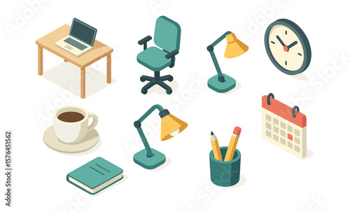 Office workspace essentials icons for productivity and organization design