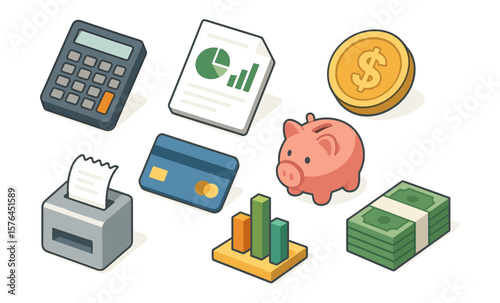 Isometric finance icon set featuring calculator, piggy bank, and payment tools for financial design