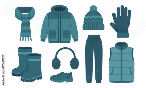 Winter clothing essentials collection for cold weather outfits and design projects