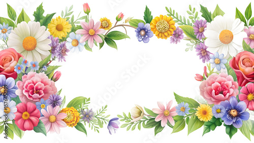 A beautiful floral border with various colorful flowers and green leaves on a transparent background