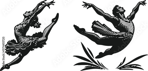  Monochrome lined engraving vector bundle of a dancer leaping in mid-air, vintage style halftone sketch, dynamic pose silhouette illustration for retro poster, print, or design