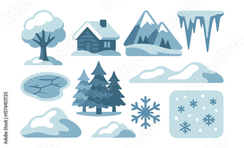 Simple winter icons set featuring snowy landscape elements and decor