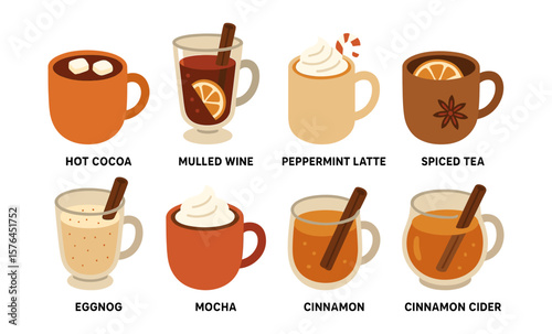Cozy winter drink icons: hot cocoa, mulled wine, and more for seasonal design