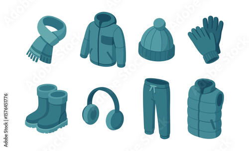 Winter clothing collection: warm accessories and apparel for cold weather wardrobe