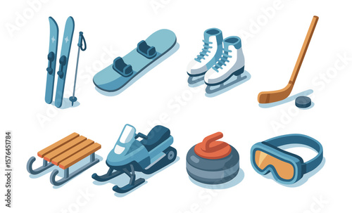 Winter sports icon set featuring skis snowboard ice skates and more for seasonal design projects