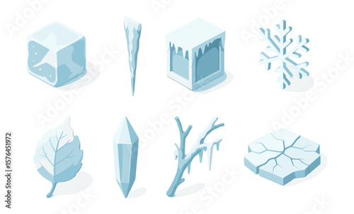 Isometric frozen elements collection for winter design and decoration concepts