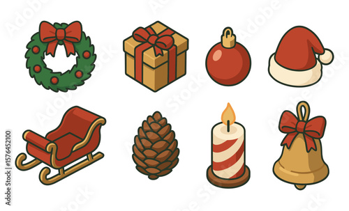 Festive winter holiday icons for seasonal design and decoration