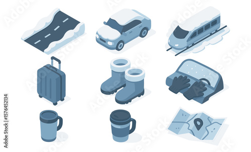 Winter travel essentials: icons of transportation, apparel, and gear for seasonal adventures
