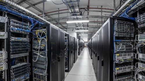 Data center interior with server racks and networking equipment. Modern technology infrastructure for cloud computing, big data storage, and internet connectivity
