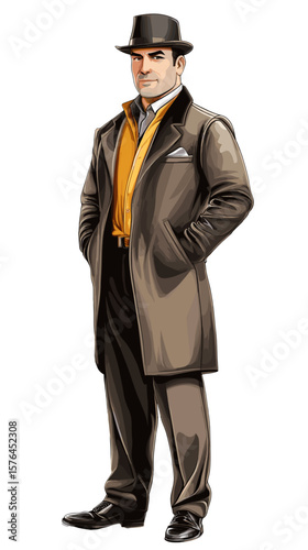 Stylish man standing confidently in a trench coat and hat  