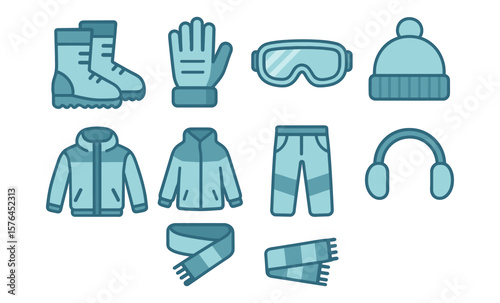 Essential winter gear icons for cold weather preparation and outdoor sports design
