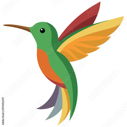 Vibrant Hummingbird Illustration:  Modern, Flat Design, Tropical Bird, Colorful Wings, Nature Theme, Logo Style, Vector Graphic.
