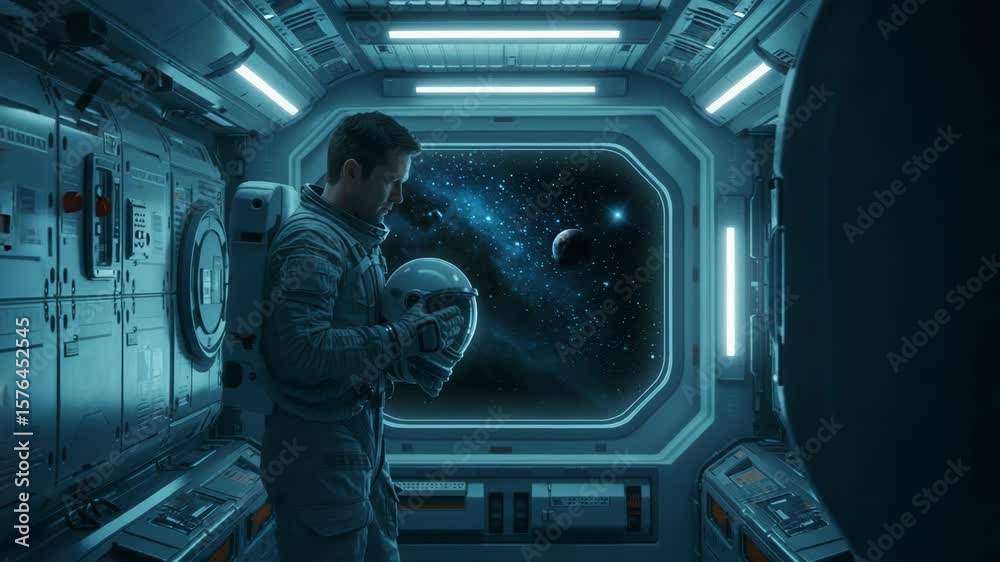 Astronaut holding helmet in spaceship interior observing deep space vista. Astronaut in space suit and advanced spacecraft gazes at cosmic nebula, planets, and stars.