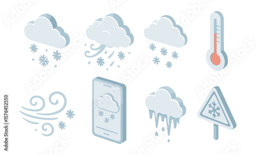 Isometric snowy weather icons with cloud, snowflake, and temperature elements for winter design