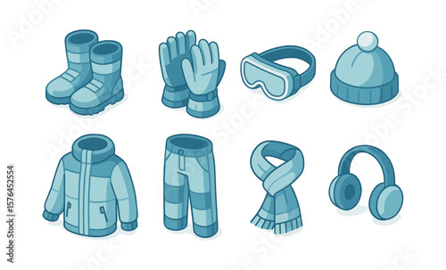 Isometric winter gear icons for outdoor adventure design