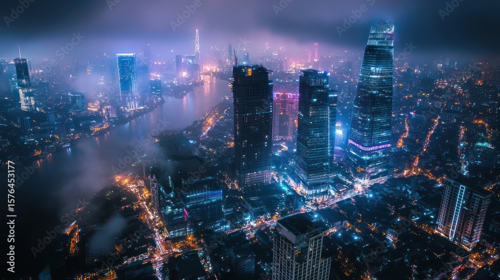 custom made wallpaper toronto digitalFoggy Cityscape Night Aerial View, River, Lights, Skyline, Modern Architecture, Urban,  Future, Technology, Design