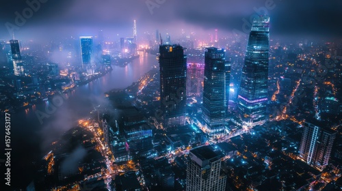 Wallpaper Mural Foggy Cityscape Night Aerial View, River, Lights, Skyline, Modern Architecture, Urban,  Future, Technology, Design Torontodigital.ca