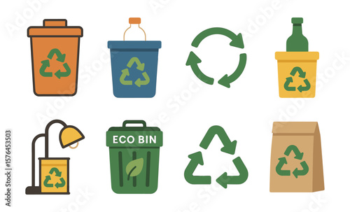 Recycling icons set featuring eco bins, arrows, and reusable containers for environmental designs