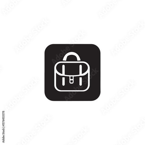 Black and white icon of a briefcase or satchel in rounded square frame