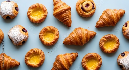 Assortment of French Pastries in blue background