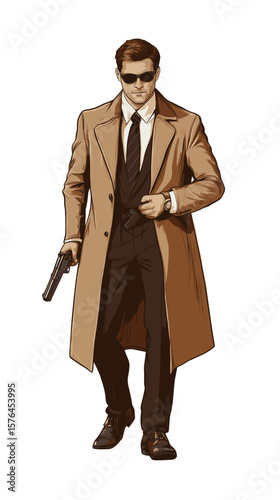 Detective in a trench coat holding a gun while walking confidently  