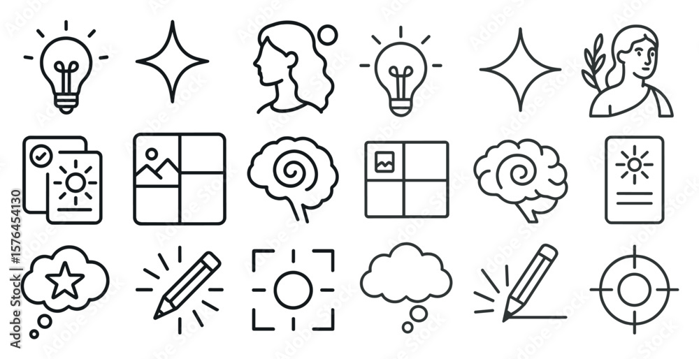Fototapeta premium Series of icons with a pencil and a light bulb. The pencil is used for drawing and the light bulb is used for thinking