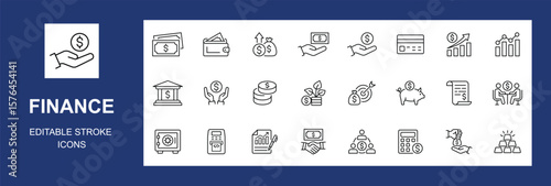 Finance icon set. Containing loan, cash, saving, financial goal, profit, budget, mutual fund, earning money and revenue icons. Solid icons collection. Editable stroke. Vector illustration.	