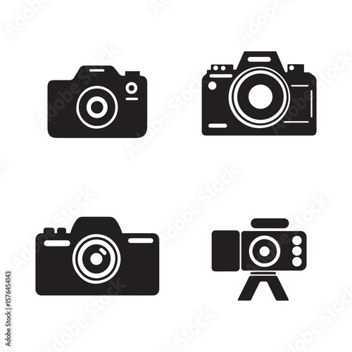 Black Camera Icon Collection Various Styles, Isolated on White Background, Graphics