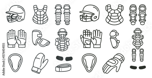 Collection of sports equipment and protective gear. The image is a collection of various sports equipment and protective gear, including gloves, helmets, and shin guards