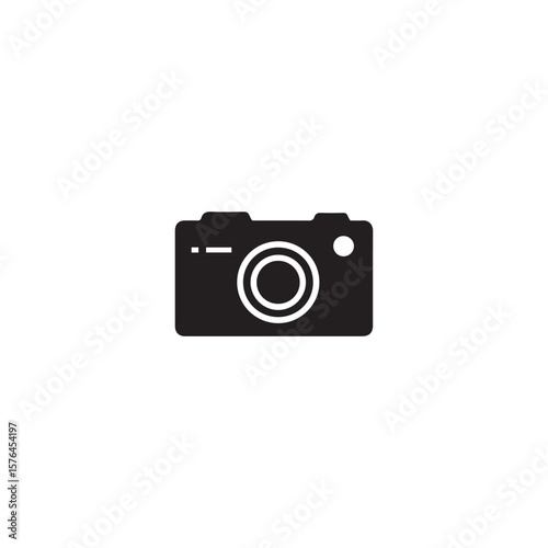 Black Camera Icon With Circular Lens and Flash on White Background