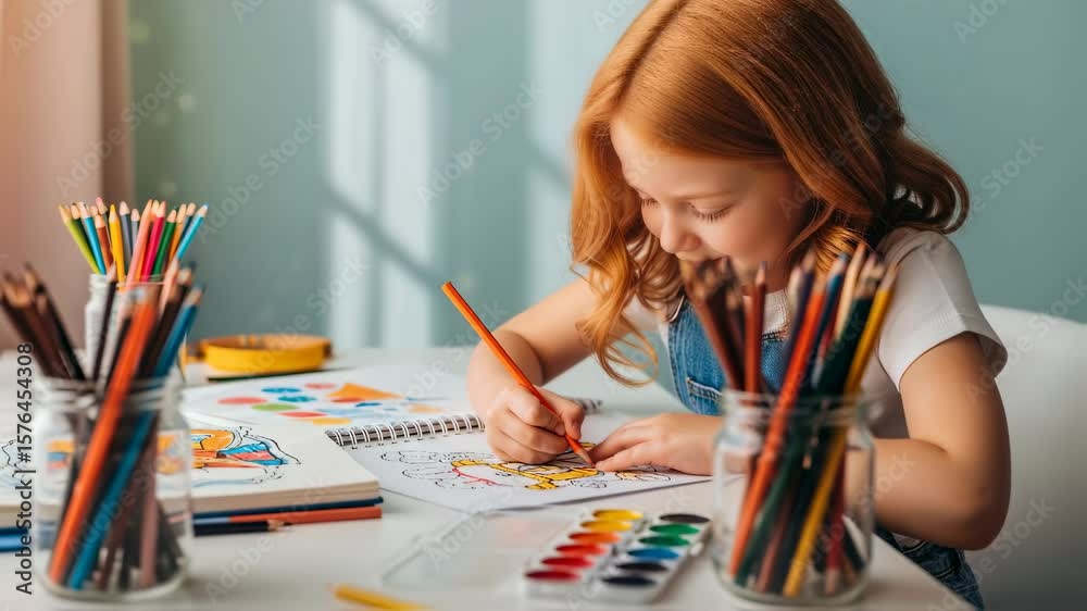 Little girl drawing with colored pencils at home. Caucasian child focused on creative activity. Art education, childhood development, and early learning concept