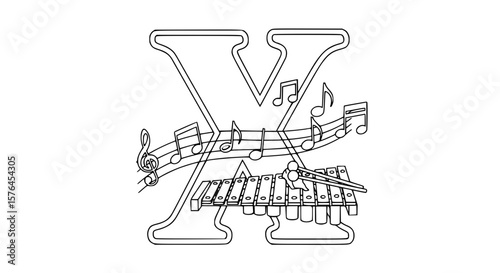 Letter X with a xylophone and music notes, outlined, kids coloring book design.generative ai