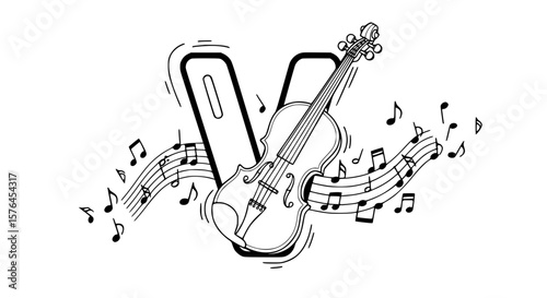 Letter V with a violin and musical notes, outline, black and white for kids.generative ai
