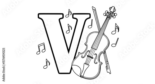 Letter V with a violin and musical notes, outline, black and white for kids.generative ai